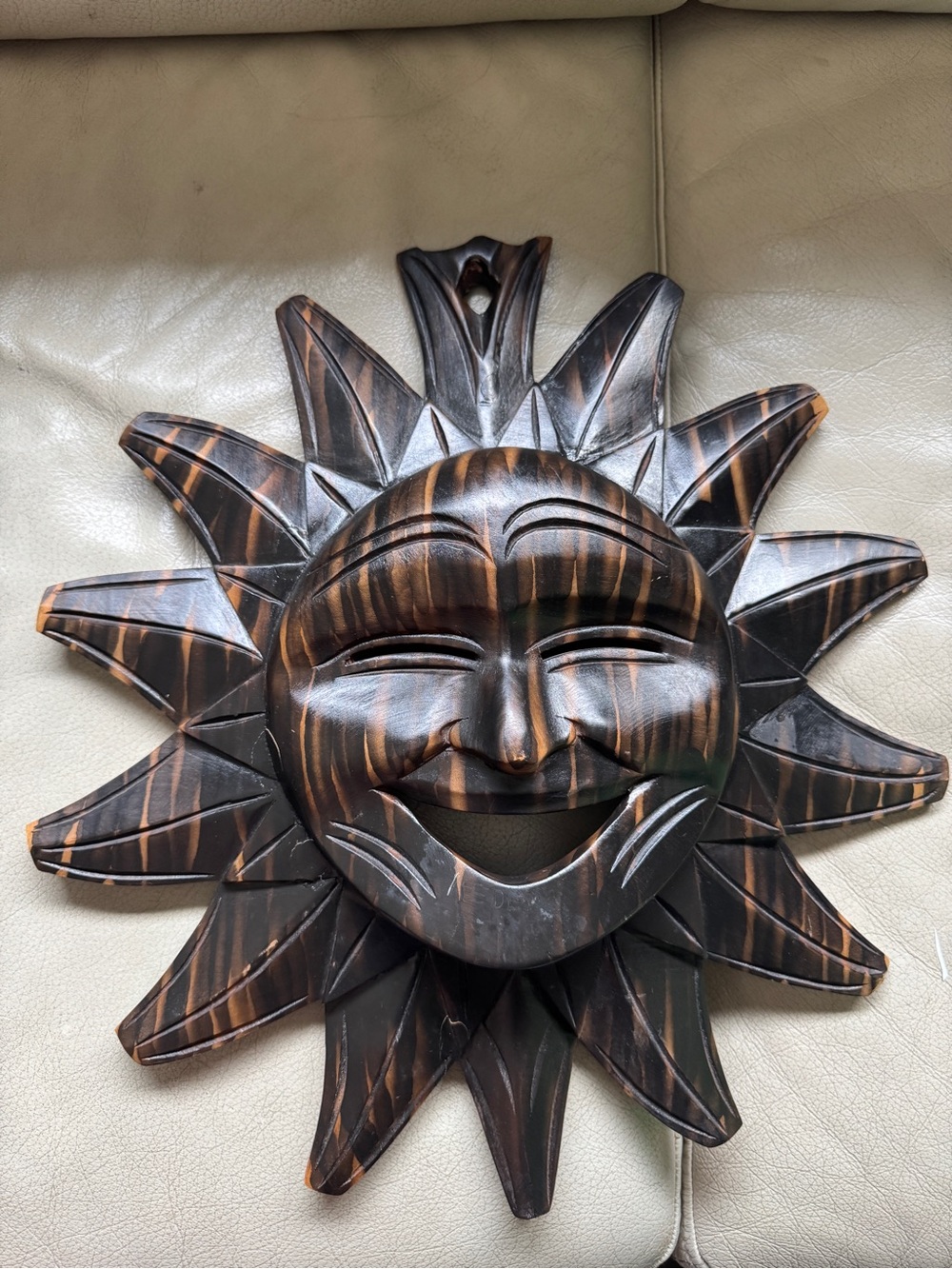 Smiling Sun Face Wood Carving Wall Art Plaque, Dark Wood Home Decor Sunmask